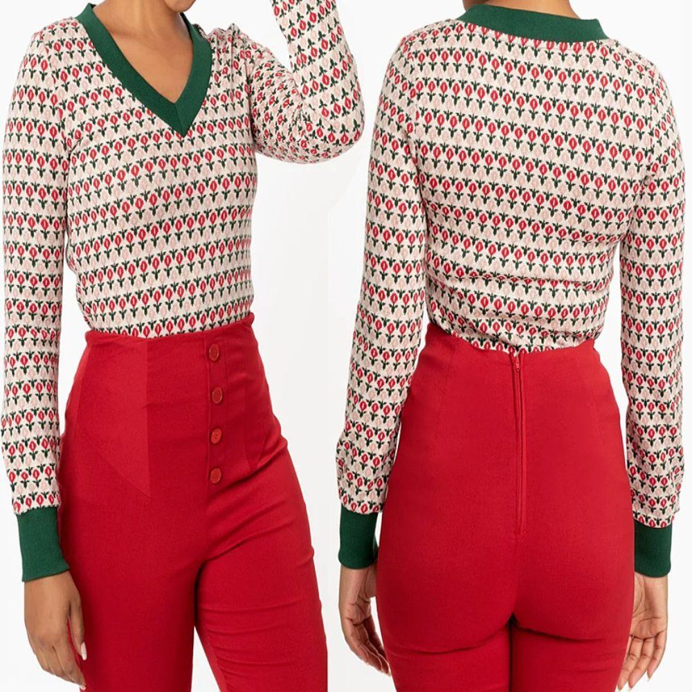 Unique Vintage Beige, Red & Green Tulip Sterling Sweater Womens Size Medium
